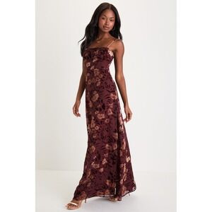 NWT Lulus Effortless Celebration Burgundy Floral Burnout A-Line Maxi Dress XS